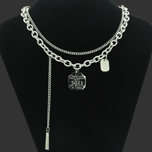 Industrial Double Layer Stainless Steel Alloy Dog Tag Pendant Necklace Silver Multi Strand Streetwear Grunge Chain Jewelry