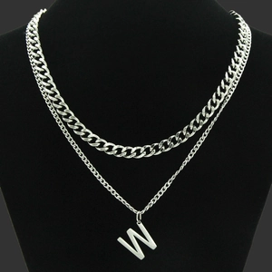 Hip Hop Double Layer Letter W Pendant Necklace Titanium Steel Silver Cuban Link Chain Streetwear Jewelry For Women