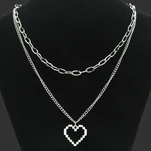 Stainless Steel Double Layer Necklace Hollow Pixel Heart Pendant Silver Paperclip Clavicle Jewelry Women Men Streetwear