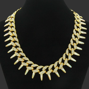 Luxury Hip Hop Cuban Chain Necklace With AB Iridescent Spikes Alloy Rhinestone Prickly Link Chain Choker For Men Punk Streetwear Jewelry