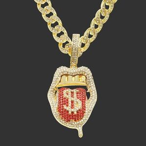 Collar con Colgante de Dólar de Lengua y Boca Hip Hop Iced Out con Strass para Hombres Mujeres Cadena de Eslabones Cubanos