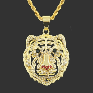 Collana con Ciondolo a Testa di Tigre Hip Hop in Lega con Strass Animale Intarsiato Pendente in Lega di Zinco Catena a Corda in Acciaio Inossidabile per Uomo