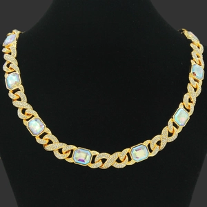Hip Hop Men Iced Out Cuban Link Necklace Bracelet Alloy Rhinestone Infinity Buckle Iridescent AB Color Square Stone Jewelry