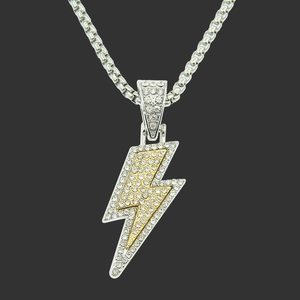 Collier Pendentif Éclair Hip Hop Iced Out Alliage Strass Chaîne Box Acier Inoxydable Bijoux Streetwear Bicolore
