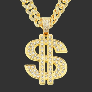Collana con Ciondolo Segno del Dollaro Hip Hop Iced Out per Uomo Bling Strass Lega Catena Maglia Cubana Oro Argento Punk Gioielli