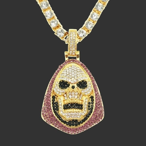 Collier Pendentif Crâne Hip Hop Iced Out pour Hommes en Alliage Strass Style Skeletor Bijoux Gothiques Pendentif Avec Chaîne Tennis