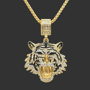 Collar con Colgante de Cabeza de Tigre Hip Hop Aleación Diamante de Imitación Hierro Cadena Box Punk Animal Collar Largo para Suéter Joyería para Hombre Mujer