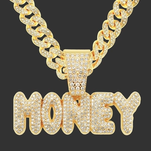 Collier avec Pendentif Lettres Money Hip Hop de Luxe Or Argent Iced Out Strass Alliage de Zinc Mailles Gourmette Bijoux Streetwear Homme Femme