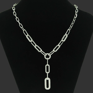 Elegante Collana a Forma di Y in Lega di Strass a Catena a Graffetta per Donna Moda Tono Argento Collana Lunga da Maglione