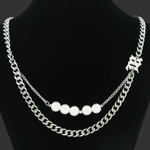 Gothic Letter B Double Layer Necklace With White Artificial Pearls And Silver Curb Chain For Women Sweet Cool Punk Style Jewelry