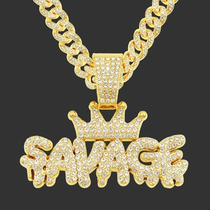 Hip Hop SAVAGE Letter Crown Pendant Necklace For Men Iced Out Cuban Link Chain Alloy Rhinestone Pave Streetwear Jewelry