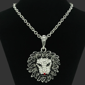 Hip Hop Lion Head Pendant Necklace Antique Silver Plated Zinc Alloy Iron Chain Rhinestone Streetwear Long Sweater Chain