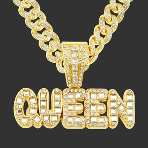 Collier Pendentif Lettre Queen Hip Hop Iced Out pour Hommes Alliage Strass Or Argent Maille Cubaine Bijoux Street Cadeau