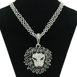 Silver lion head pendant necklace with rhinestones and red nose on a black neck model