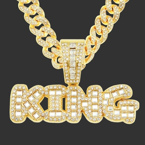 Collier Pendentif Lettre KING Hip Hop Bling Pour Hommes Alliage Pavé de Strass Chaîne à Mailles Cubaines Street Punk Bijoux de Fête
