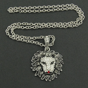 Vintage silver lion head pendant necklace with rhinestones and long O-chain street style