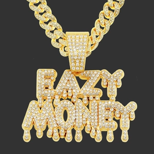Collier Pendentif Hip Hop Lettre Eazy Money Avec Chaîne Mailles Cubaines Alliage Strass Bijoux Streetwear Pour Hommes