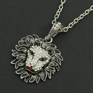 Lion head pendant necklace with silver plating and sparkling white rhinestones