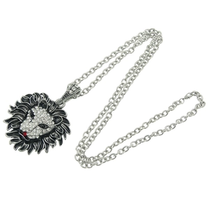 Antique silver lion head necklace with sparkling crystals on long silver O-chain