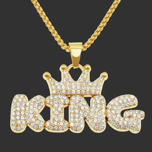Men Hip Hop Iced Out King Letter Pendant Necklace With Crown Alloy Rhinestone Jewelry Punk Style Box Chain For Boys Gift