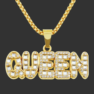 Collier Pendentif Lettre Queen Hip Hop Iced Out Or Argent Alliage Strass Scintillant Chaîne Vénitienne Bijoux Homme Femme