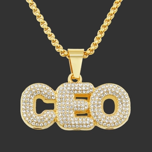 Collier Pendentif Lettre CEO Hip Hop Glacé Strass Or Argent Alliage Zinc Hommes Cool Streetwear Accessoire Longue Chaîne Bijoux