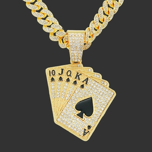 Hip Hop Legierung Strass Spielkarten Pik Royal Flush Anhänger Halskette Für Herren Cuban Link Kette Party Schmuck