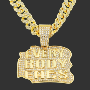 Hommes Hip Hop EVERYBODY EATS Pendentif Lettre Collier Plaqué Or Alliage Strass Chaîne Mailles Cubaines Icy Bling Bijoux Street