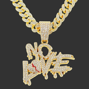 Collier Pendentif Lettre Hip Hop NO LOVE Iced Out Strass Cœur Alliage Chaîne Cubaine Bijoux Punk pour Hommes Femmes