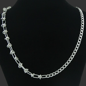 Unisex Stainless Steel Spliced Cuban Chain Necklace Punk Industrial Style Barbed Wire Design Silver Color Fashion Jewelry