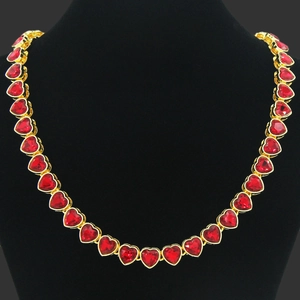 Hip Hop Cuban Link Necklace Bracelet Alloy Pave Rhinestone Red Heart Pendant Iced Out Bling Jewelry For Party Rapper Men Women