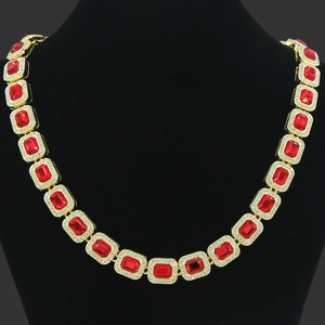 Luxury Men Hip Hop Rectangle Red Gemstone Necklace Gold Silver Plated Alloy Rhinestone Cuban Chain Bracelet Party Jewelry