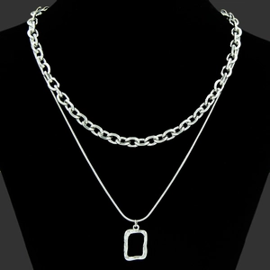 Industrial Titanium Steel Double Layer Necklace Hammered Rectangle Pendant Snake Cable Chain Choker For Men Women Minimalist Jewelry