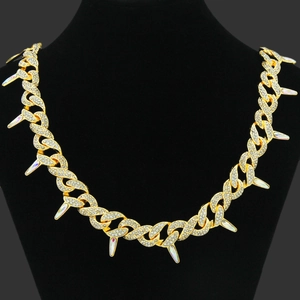 Collar de Cadena de Eslabones Cubanos con Diamantes Aleación de Zinc Strass Espinas Picos Joyas Hip Hop para Hombre Mujer Fiesta