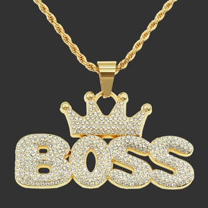Hip Hop Boss Buchstabe Krone Anhänger Halskette Mit Strass Legierung Eisen Seilkette Streetwear Punk Schmuck Für Herren