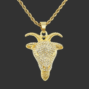 Collier Pendentif Tête de Chèvre Hip Hop pour Homme en Alliage Incrusté de Strass Chaîne Corde en Acier Inoxydable Bijoux
