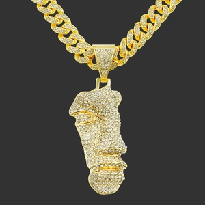 Collana con Pendente Profilo Viso Iced Out Lega Strass Hip Hop Street Style Gioielli per Uomo Donna con Catena Link