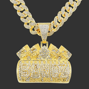 Hip Hop Dollar Stack Money Bag Pendant Necklace Alloy Rhinestone Inlaid Cuban Chain Jewelry For Men Streetwear Performance