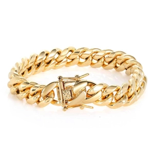 Bracelet gourmette large pour homme en acier inoxydable doré avec fermoir à cliquet