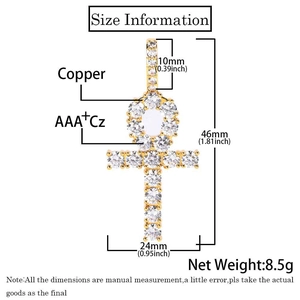 Tableau des tailles détaillé du pendentif croix Ankh doré serti de zircons cubiques