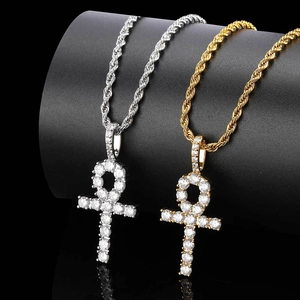 Collier Pendentif Croix Ânkh Hip Hop pour Hommes Femmes Cuivre Micro Incrusté Zirconia Plaqué Or Argent Chaîne Corde Bijoux