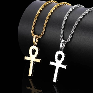 Colliers pendentifs croix Ankh hip hop avec pierres de zircone en or et en argent
