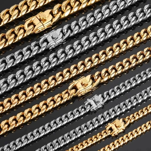 Chaînes cubaines hip hop pour hommes en or et argent avec fermoir à boîte gravé de luxe