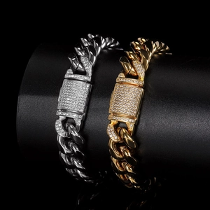 12mm stainless steel cuban chain bracelet in gold and silver with zircon paved box clasp