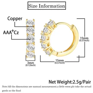 Size chart showing hip hop copper earrings with AAA CZ stones and 15mm dimensions