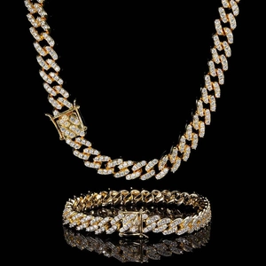 Ensemble de Bijoux Hip Hop Chaîne à Maillons Cubains avec Zircone à Une Rangée Collier et Bracelet en Cuivre Plaqué Or pour Hommes et Femmes