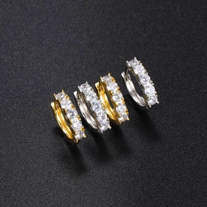 Icy hip hop style hoop earrings with five cubic zirconia stones in gold and silver plating