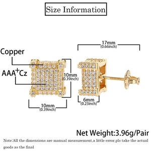Detailed view of 10mm square hip hop stud earrings with AAA+ cubic zirconia in copper