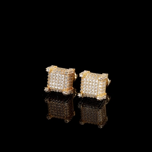 Detailed view of square micro-pave cubic zirconia earrings with 18K gold plating