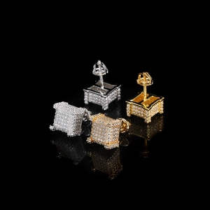 Square hip-hop stud earrings with micro-paved zircons in gold and silver plating